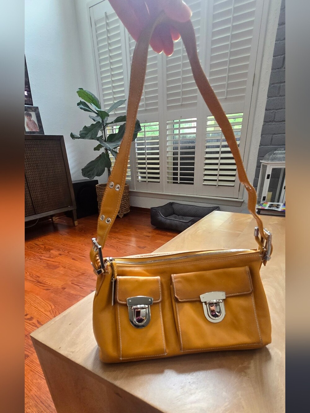 Mustard Yellow Leather Shoulder Bag with Front Pockets